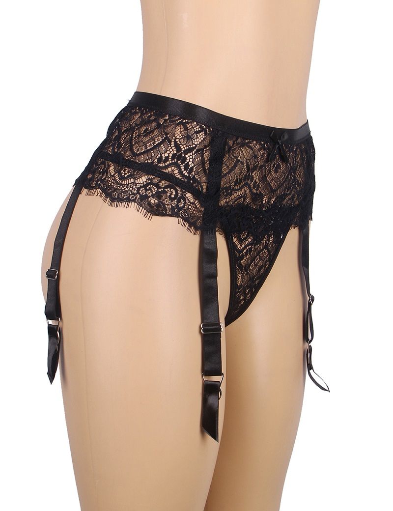 Eyelash lace high waist garter set with metal buttons and st... Ohyeah - Lace High Waist Garter Thong - Black - XL photo-5