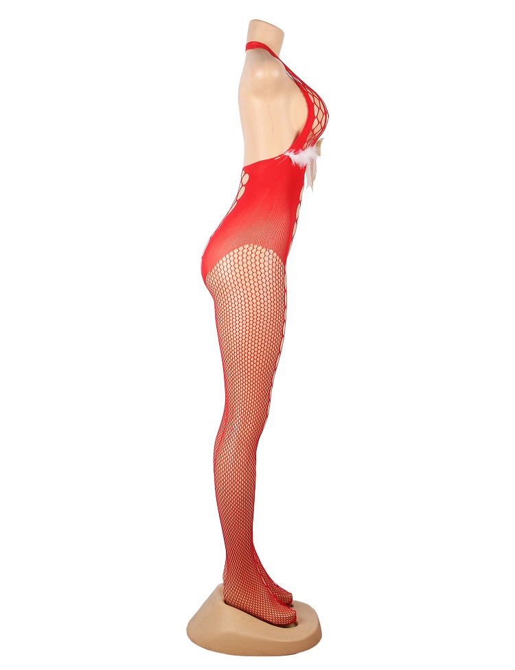 White fluffy trim sewn below the chest, adorned with a bow, ... Ohyeah - Christmas Fluffy Bodystocking - Red photo-6