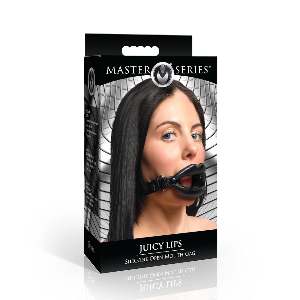 Excellent for sissy and bimbo play, this humiliating accesso... Master Series - Juicy Lips Open Mouth Gag - Black photo-6