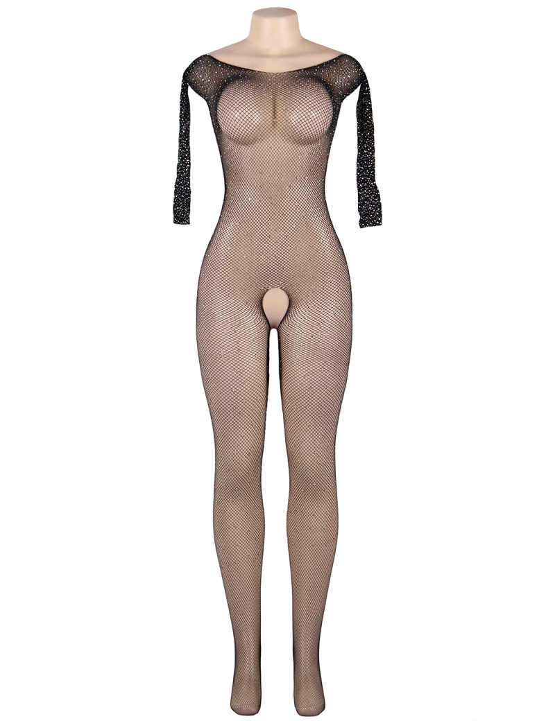 Black fishnet long sleeve bodystocking with rhinestones
Mat... Ohyeah - Fishnet Diamonds Bodystocking - Black - XL photo-7