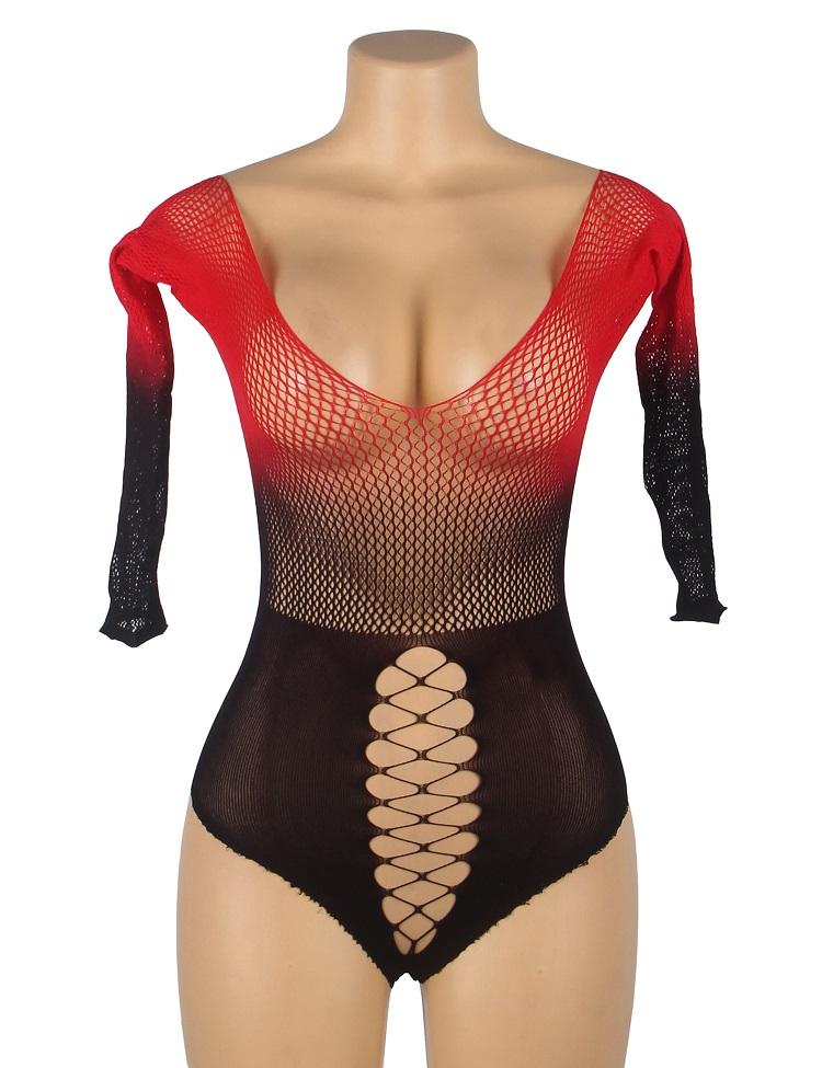 Black and red two-color gradient stretchy fishnet bodystocki... Ohyeah - Gradient Body - Black/Red - M photo-7