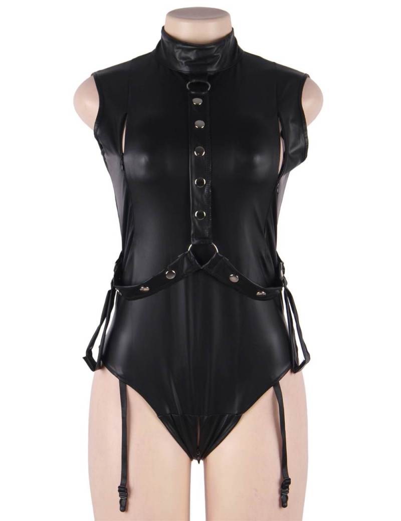 Sleeveless Black PU Leather Open Bust Temptation Bodysuit
M... Ohyeah - Open Bust Restraint Teddy - Black - M photo-6