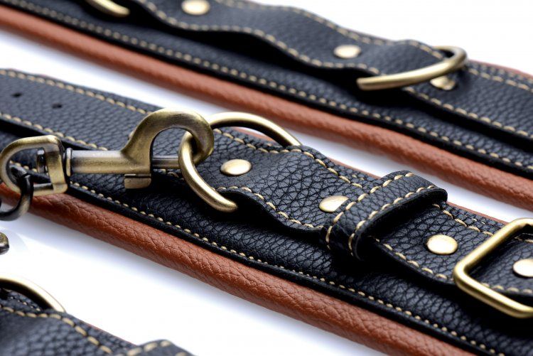 Lock up your slave in this attractive and unique collar to w... Master Series - Coax Collar to Wrist Restraints - Brown photo-5