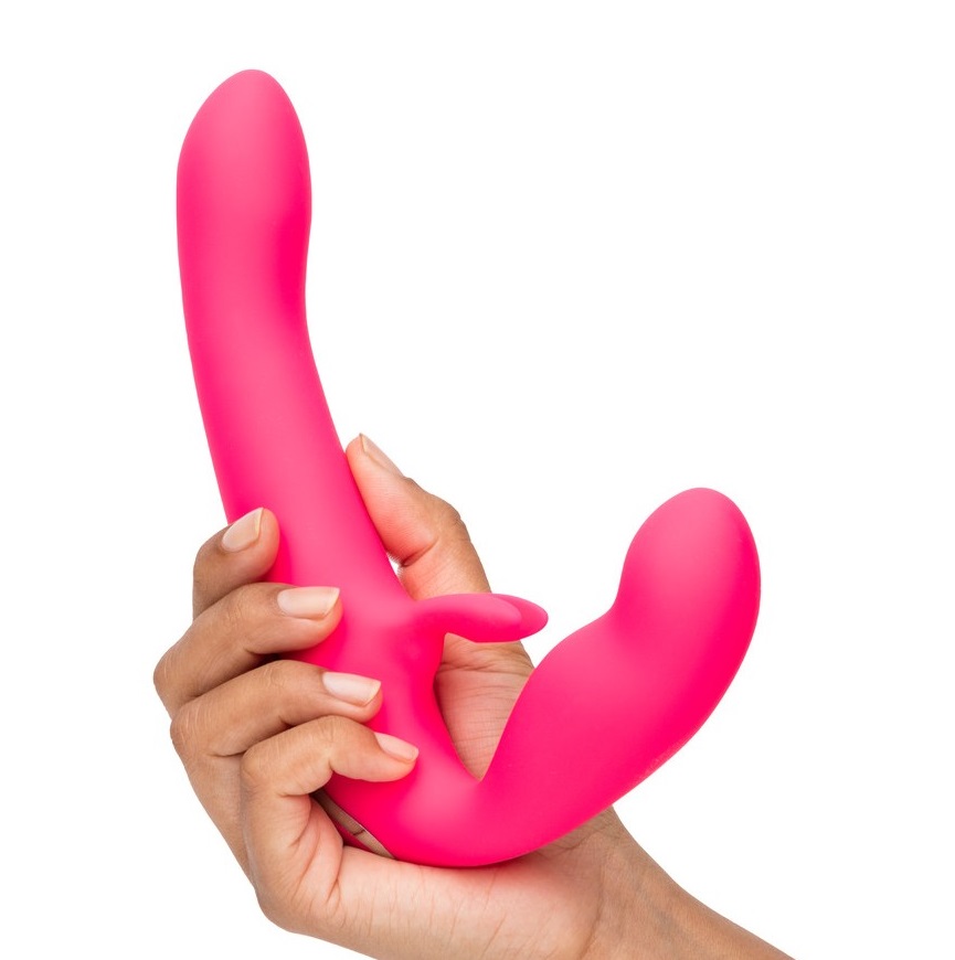 Double harness with bunny-shaped stimulator made of silicone... Happy Rabbit - Vibrating Strapless Strap-On - Pink photo-2