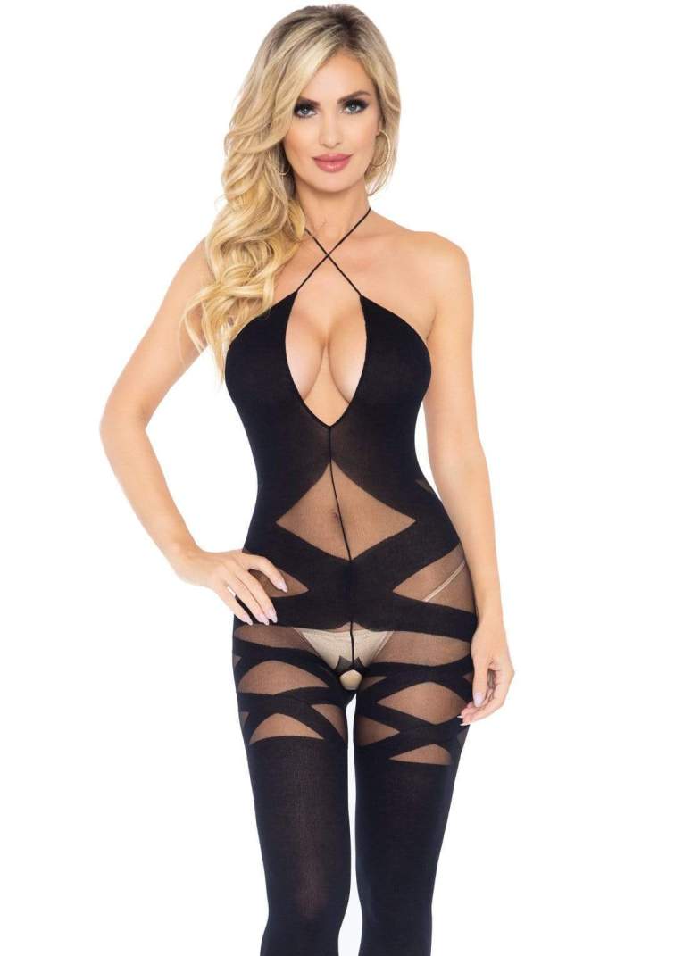 Opaque and sheer illusion bodystocking with keyhole halter d... Leg Avenue - Sheer Illusion Bodystocking - Black photo-3