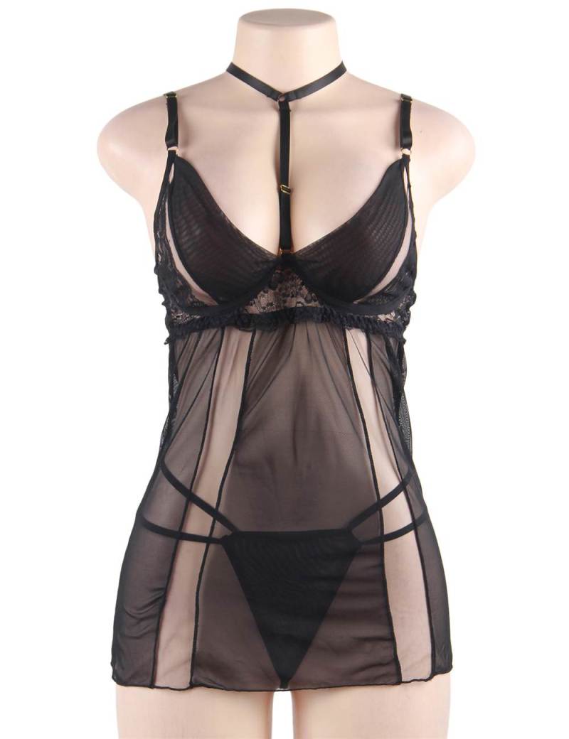 Elegant Black Lace Hanging Neck Perspective Sexy Babydoll
M... Ohyeah - Elegant Babydoll w Neck Ring - Black - XL photo-5