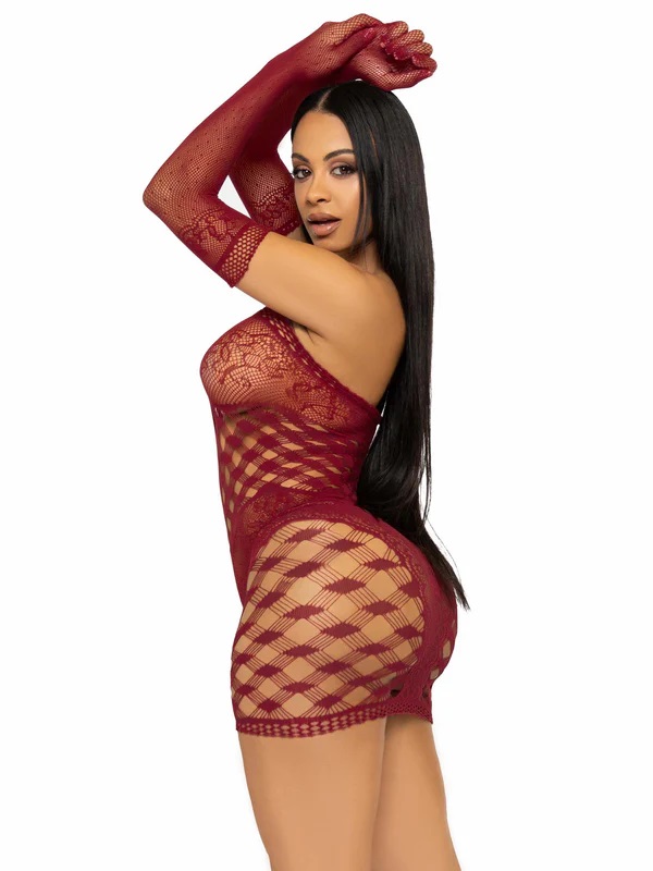 Heat up the night in this ultra-sexy net and lace dress set ... Leg Avenue - Waiting Game Dress Set - Burgundy photo-3