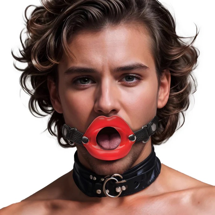 Excellent for sissy and bimbo play, this humiliating accesso... Master Series - Juicy Lips Open Mouth Gag - Red photo-2