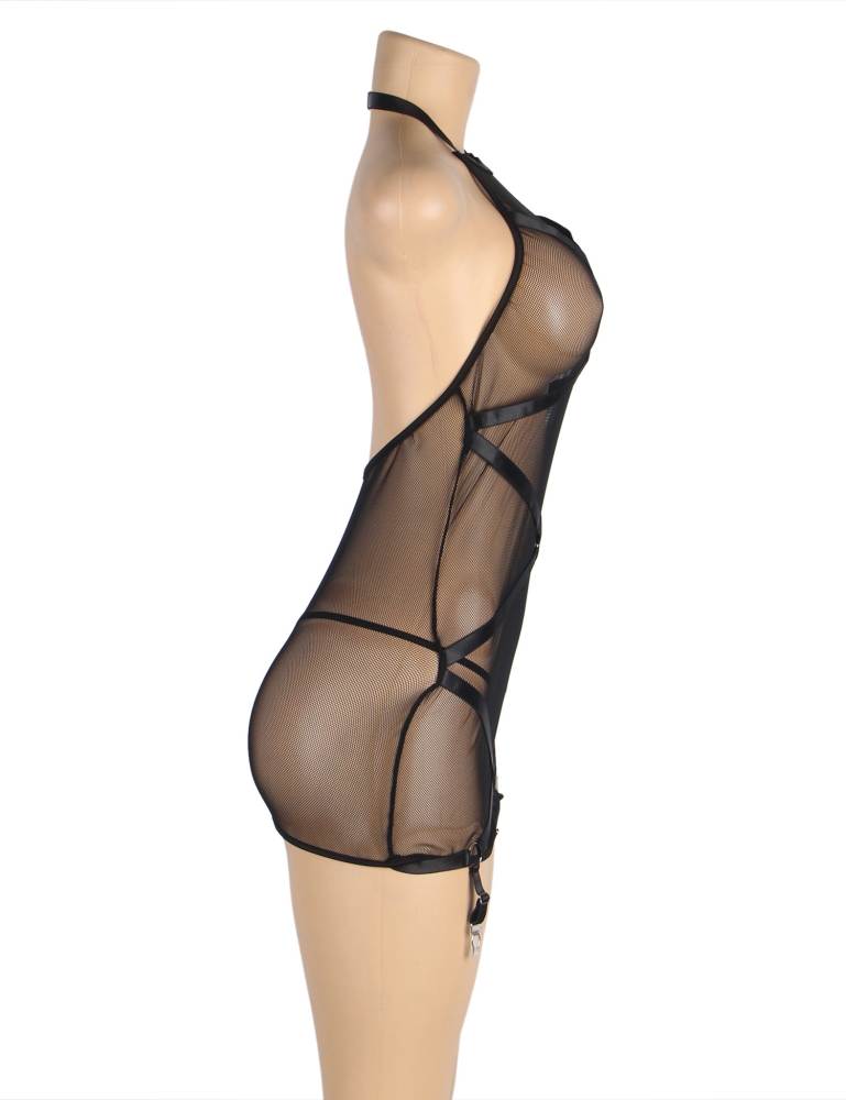 Black halter neck mesh bondage sexy garter lingerie with cro... Ohyeah - Garter Mesh Dress - Black - M photo-6