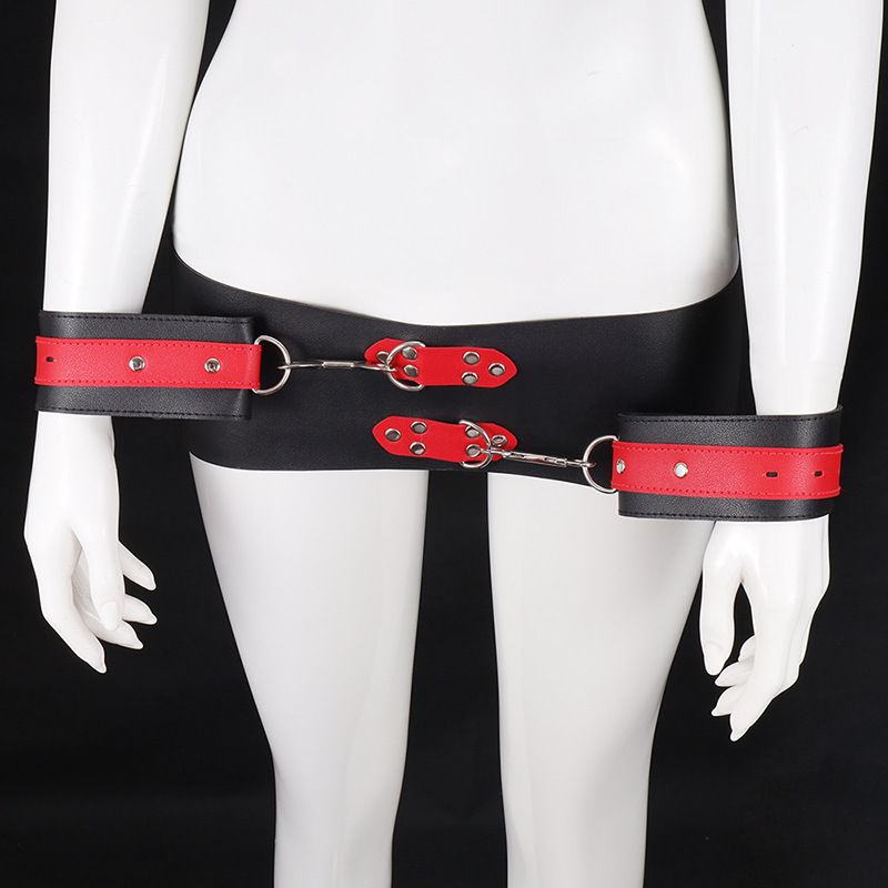 Black & red, soft PU leather, waist belt and two cuffs, join... MT - Waist Band w Handcuffs - Black photo-8