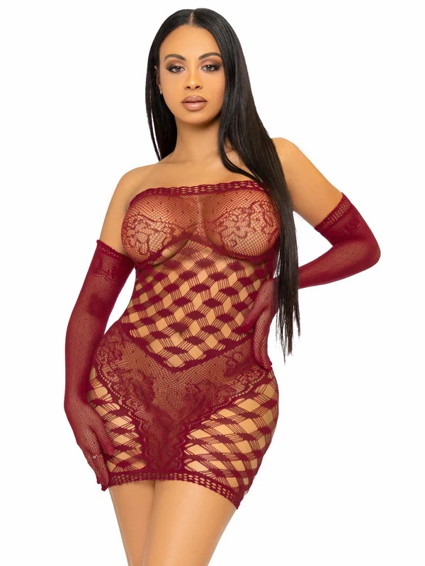 Heat up the night in this ultra-sexy net and lace dress set ... Leg Avenue - Waiting Game Dress Set - Burgundy photo-4