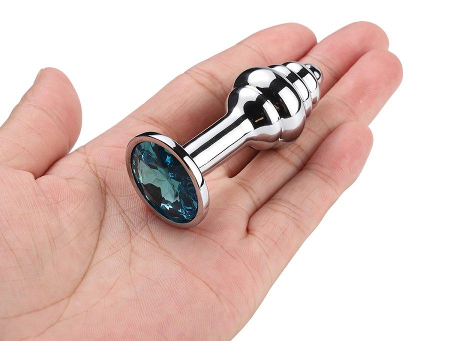 Small size screw thread metal anal plug MT - Mini Ribbed Anal Plug - Blue photo-2