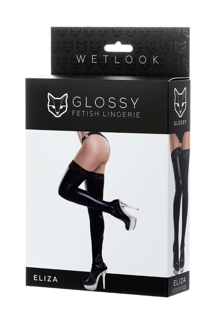 Stockings with imitation leather and a lace insert. Pleasant... Glossy - Eliza Wetlook Stockings - Black - M photo-4