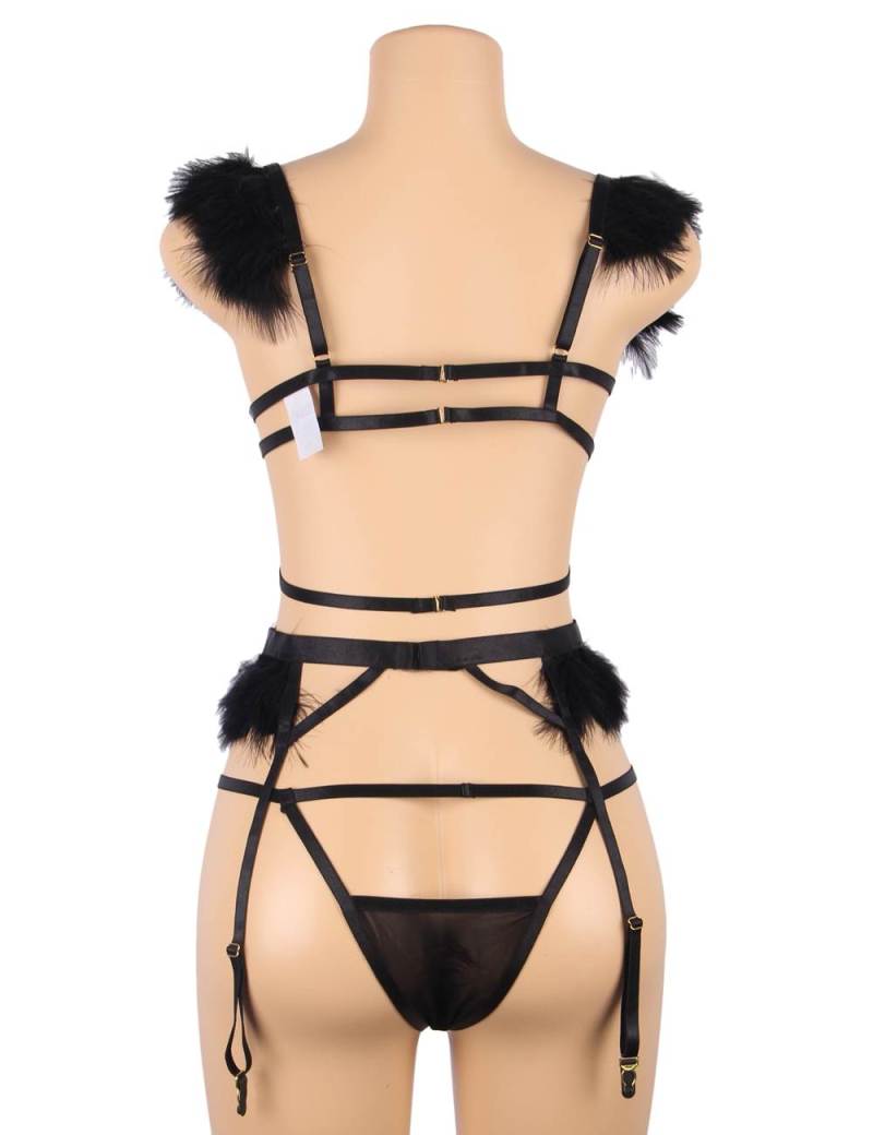 Sexy 3pcs Black Elegant Embroidery Applique Feather Bra Pant... Ohyeah - Feather Underwire Set - Black - M photo-5