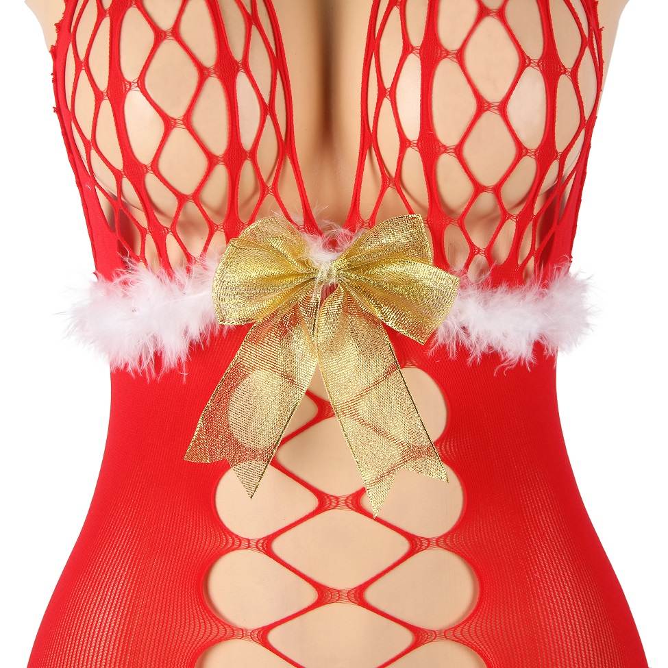 White fluffy trim sewn below the chest, adorned with a bow, ... Ohyeah - Christmas Fluffy Bodystocking - Red photo-9