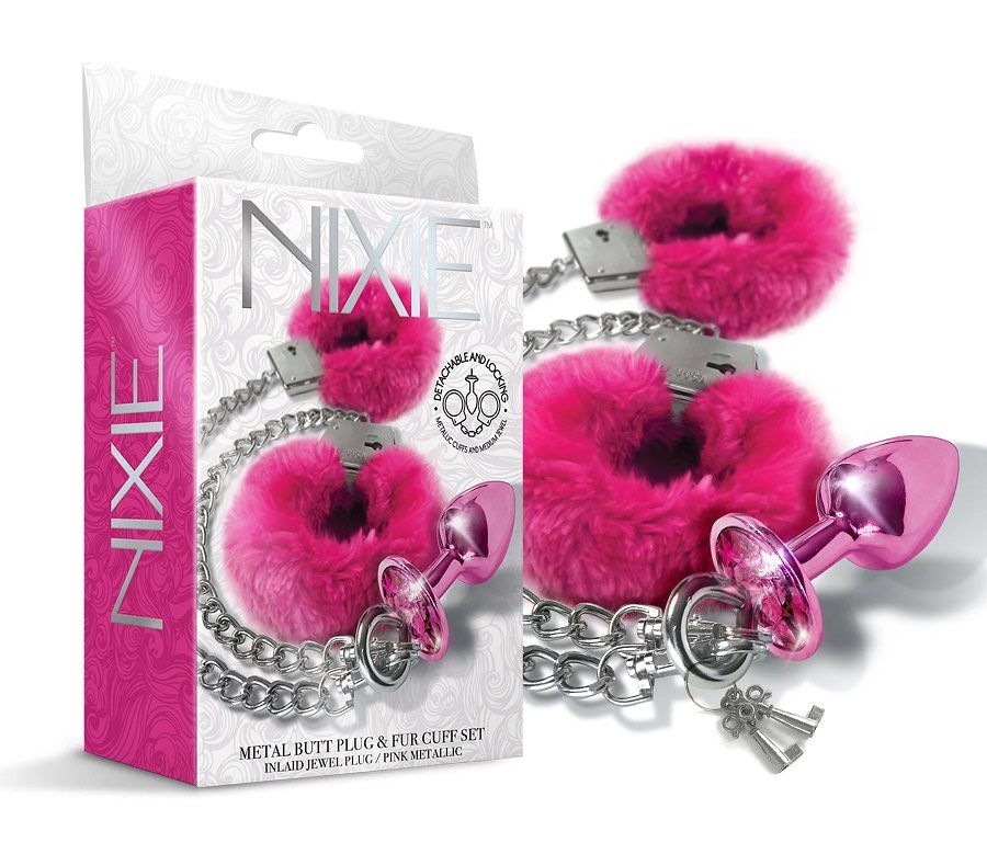 Anal play and bondage all in one! Soft faux fur covered meta... Nixie - Metal Plug w Fur Cuffs - Pink photo-5