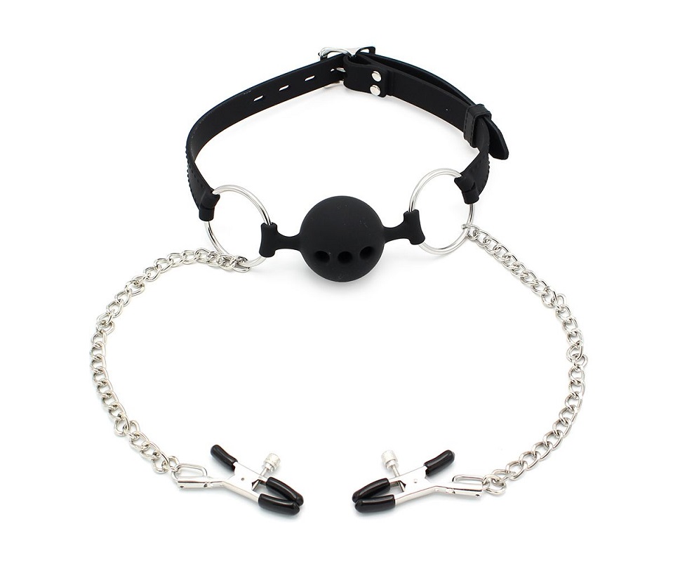 This 2-in-1 BDSM ball gag will have your partner acting like... Kiotos - Ball Gag w Nipple Clamps photo-3