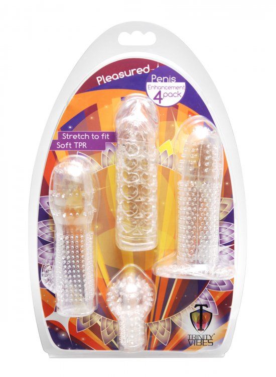 This 4 piece enhancement pack contains stretchy sleeves feat... Trinity Vibes - Pleasure Penis Enhancement 4 Pack - Clear photo-3