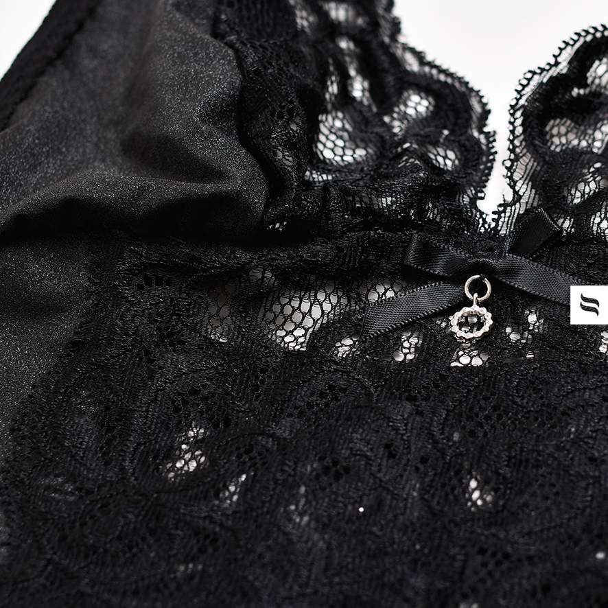 One – sexy straps. Two – gorgeous, glittery fabric. Three – ... Obsessive - Laluna Corset & Thong - Black - L/XL photo-9