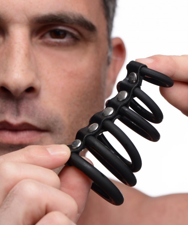 Cage up your lover's erection and deny them the sexual g... Strict - 6 Ring Silicone Chastity Device - Black photo-2