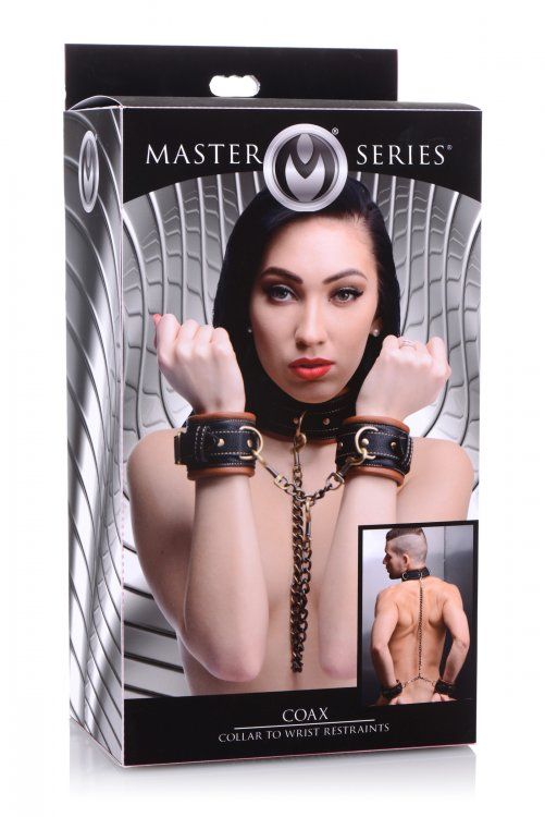 Lock up your slave in this attractive and unique collar to w... Master Series - Coax Collar to Wrist Restraints - Brown photo-6