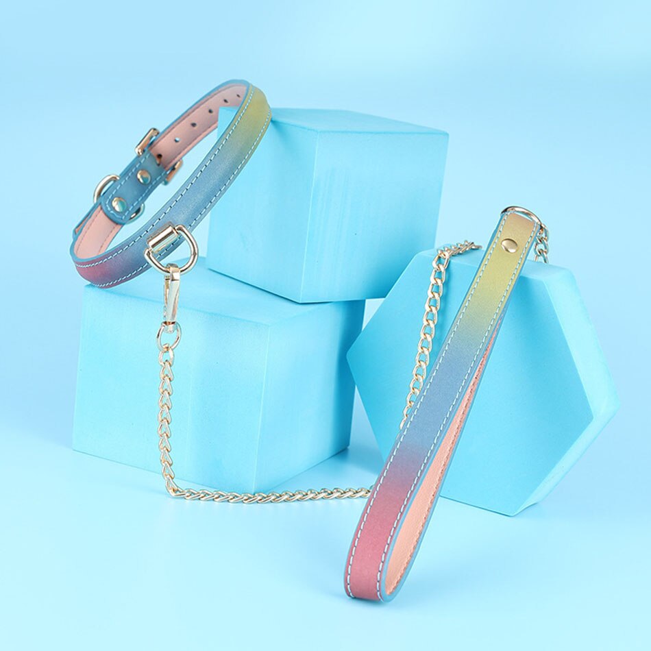 PU collar & leash over 1 meter MT - Collar & Leash - Rainbow Blue photo-5