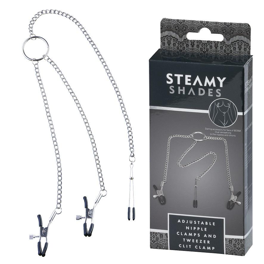 Body chain with attached nipple and clit clamps, perfect for... Steamy Shades - Nipple Clamps w Clit Clamp photo-3
