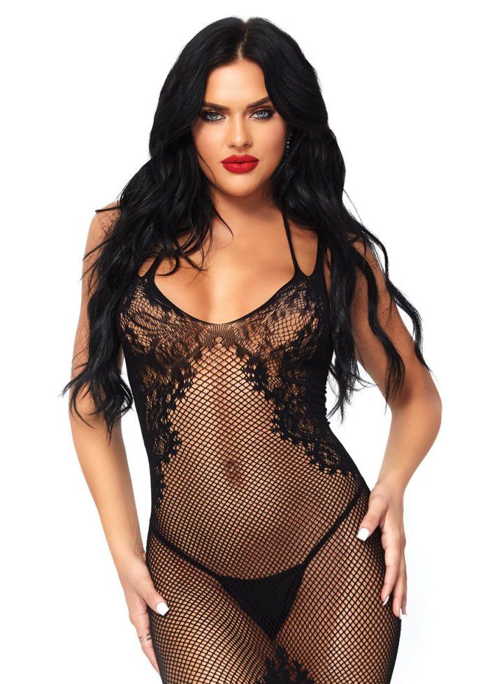 Seamless net and lace dual strap halter dress with faux lace... Leg Avenue - Seamless Dual Strap Halter Dress - Black photo-3