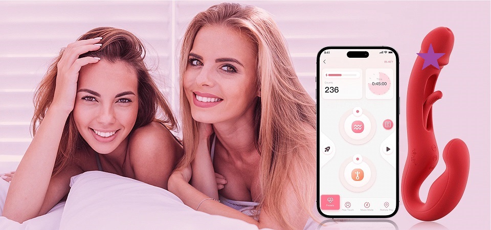 Harmony Duo features two kinds of stimutaion at once. Its sh... Honey Play Box - Harmony Duo App Strapless Strap-On - Blue photo-2