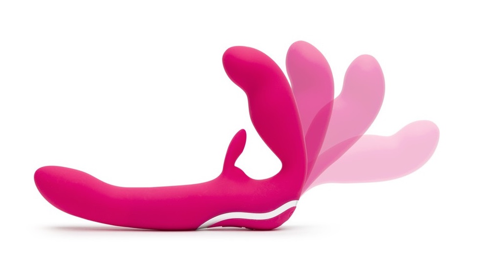 Double harness with bunny-shaped stimulator made of silicone... Happy Rabbit - Vibrating Strapless Strap-On - Pink photo-3