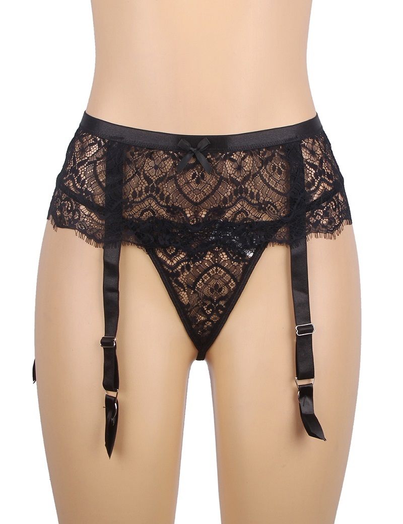 Eyelash lace high waist garter set with metal buttons and st... Ohyeah - Lace High Waist Garter Thong - Black - XL photo-4