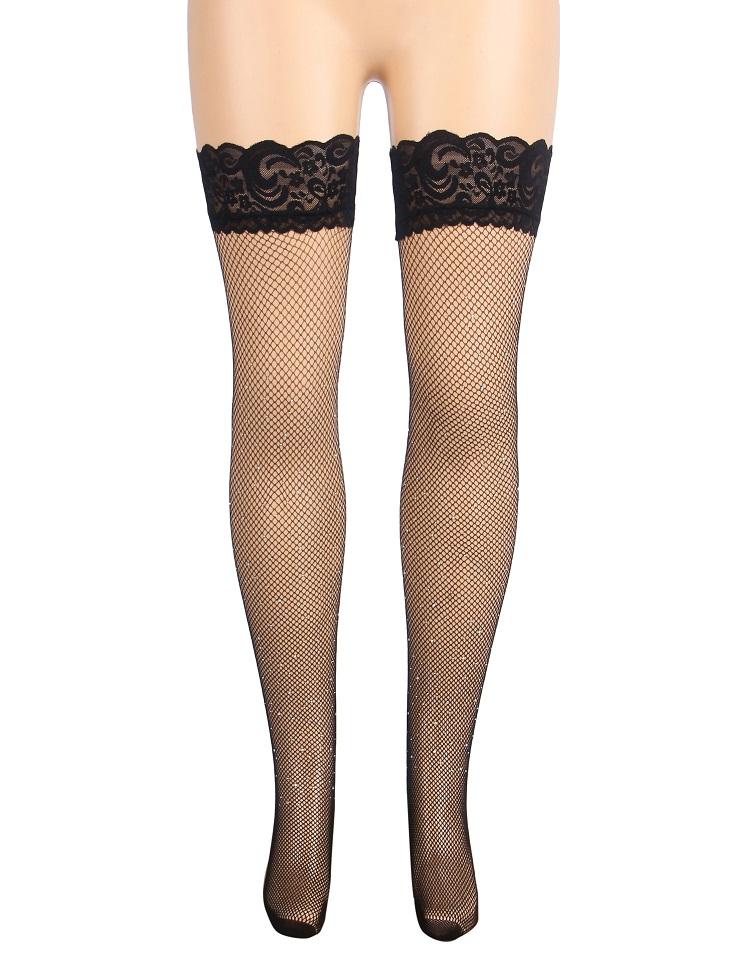 Main fabric is high-elasticity nylon yarn, soft and close-fi... Ohyeah - Lace Rhinestone Stockings - Black - S photo-6
