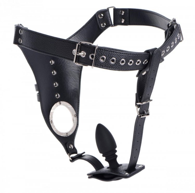 Restrain their sexuality with this devious leather Chastity ... Strict - Chastity Harness w Anal Plug - Black photo-4