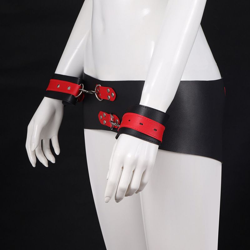 Black & red, soft PU leather, waist belt and two cuffs, join... MT - Waist Band w Handcuffs - Black photo-5