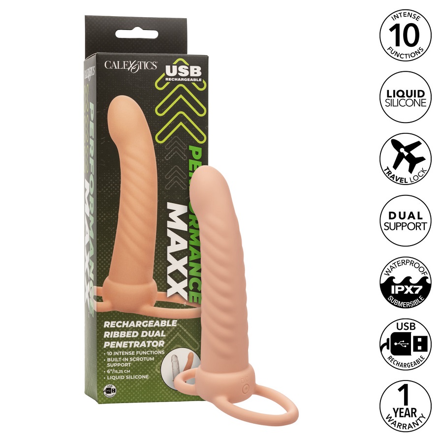 Introducing the Performance Maxx Rechargeable Ribbed Dual Pe... CEN - Maxx Ribbed Vibro Dual Penetrator - Flesh photo-10