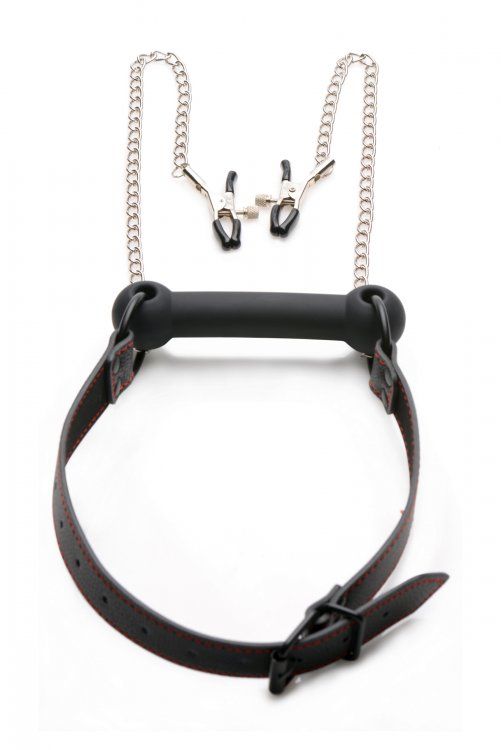 Ideal for training your pony, submissive, or slave, this com... Strict - Silicone Bit Gag + Nipple Clamps - Black photo-4