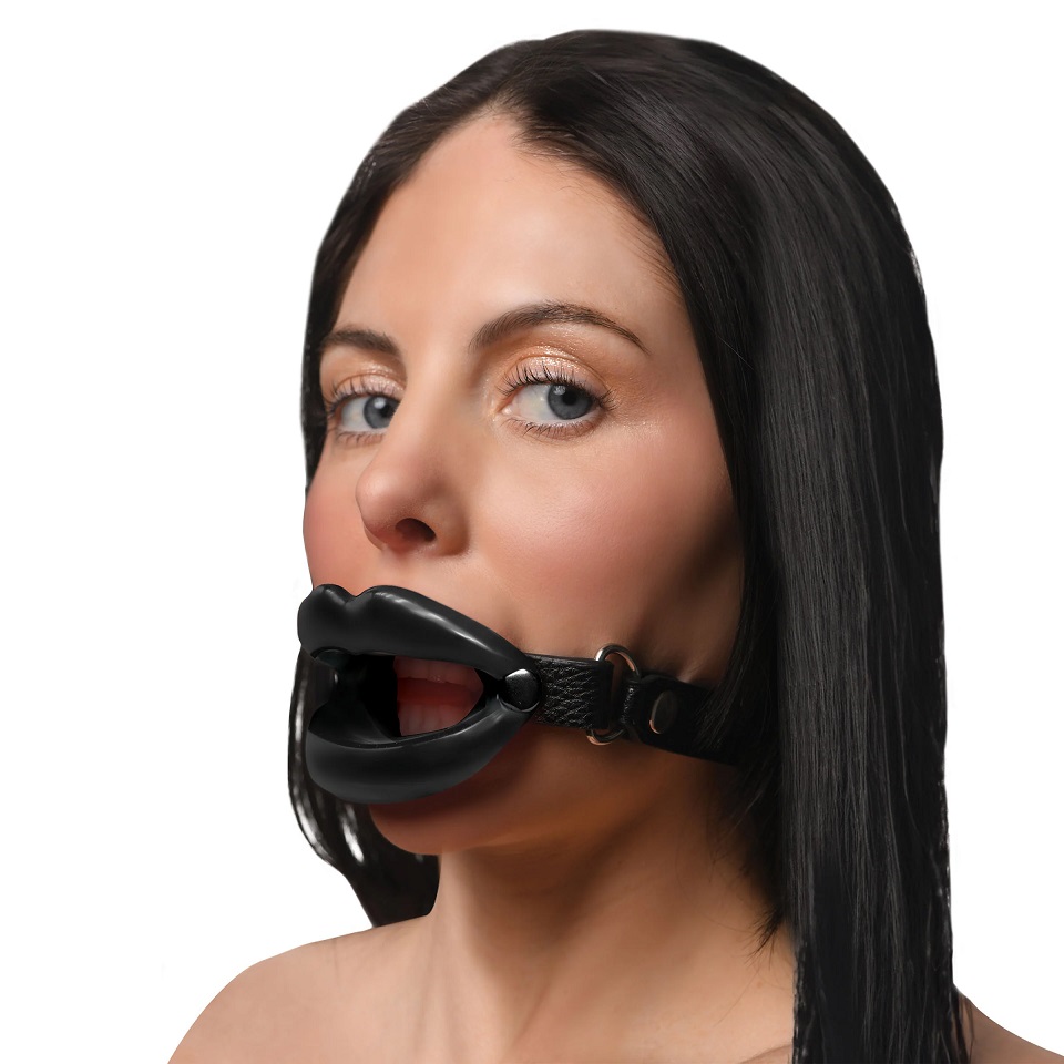 Excellent for sissy and bimbo play, this humiliating accesso... Master Series - Juicy Lips Open Mouth Gag - Black photo-2