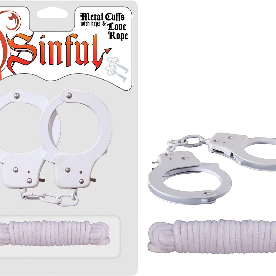 Sinful Metal Cuffs with Keys & Love Rope are your ticket to ... Nasstoys - Sinful Metal Hand Cuffs w Rope - White photo-4