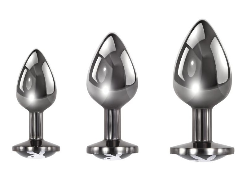 Playfully acquaint yourself with the Pleasure 3 Ways, a meta... Playboy - 3 Ways Butt Plugs Set - Black photo-3