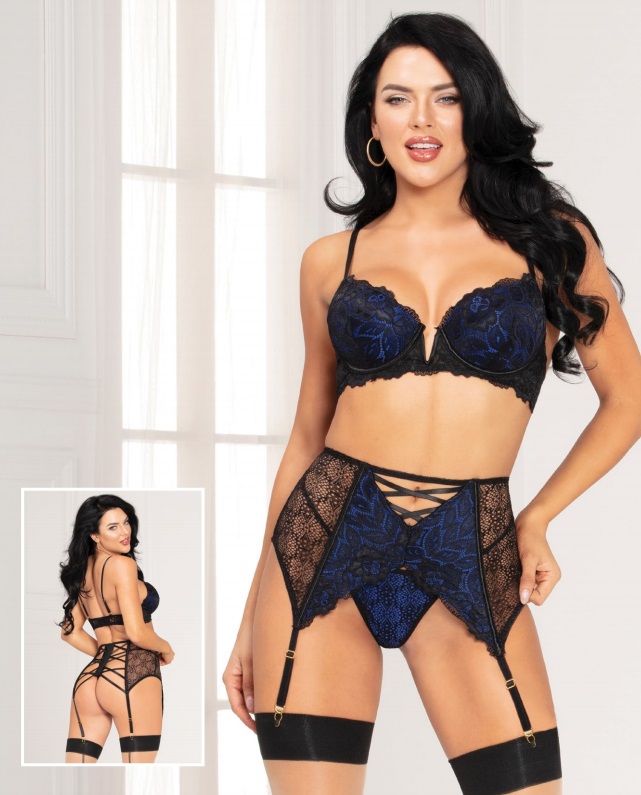 Three piece bra set. Lace overlay bra with underwire, plungi... STM - Radiance 3pcs Set - Blue - M photo-3