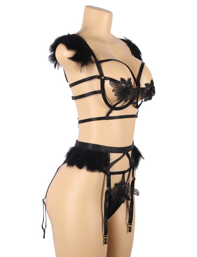Sexy 3pcs Black Elegant Embroidery Applique Feather Bra Pant... Ohyeah - Feather Underwire Set - Black - M photo-6