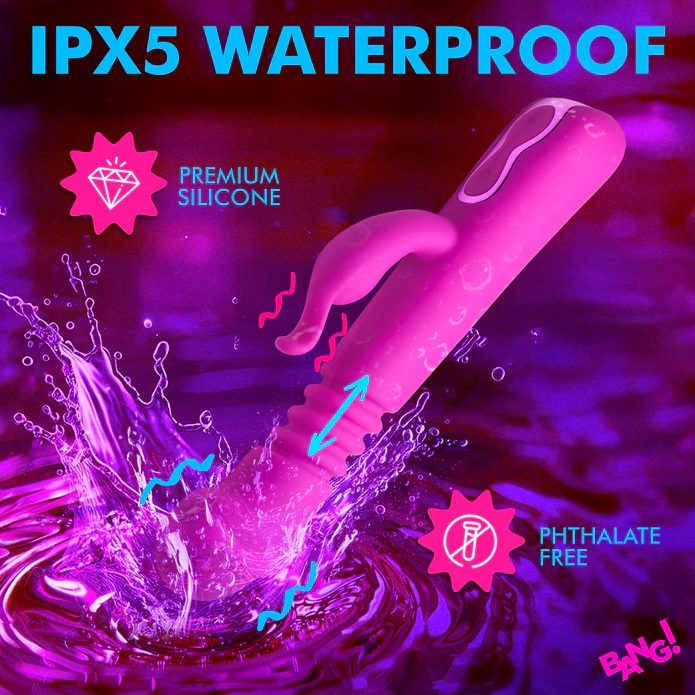 Indulge in dual pleasure with our Silicone Rabbit Vibe! Cove... Bang! - Thrusting Vibro Rabbit - Purple photo-5
