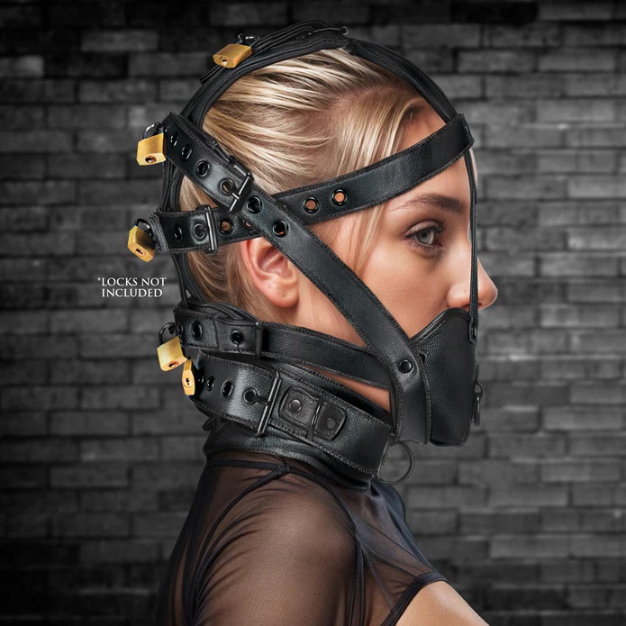 This vegan leather head harness with a muzzle is the perfect... Master Series - Lockable Head Harness - Black photo-3