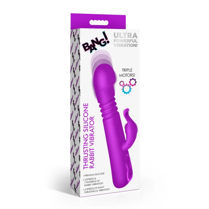 Indulge in dual pleasure with our Silicone Rabbit Vibe! Cove... Bang! - Thrusting Vibro Rabbit - Purple photo-6