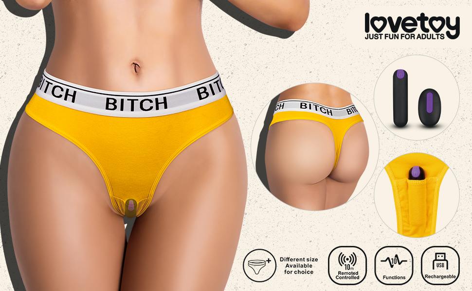 Sexy bitch thong with a remote controlled rechargeable bulle... Lovetoy - Bitch Vibrating Panties M - Yellow photo-17