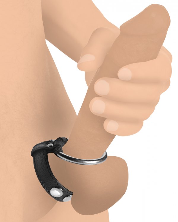 Be led into desire with this leather and steel cock and ball... Strict - Leather Steel Cock Ball Ring - Black photo-3