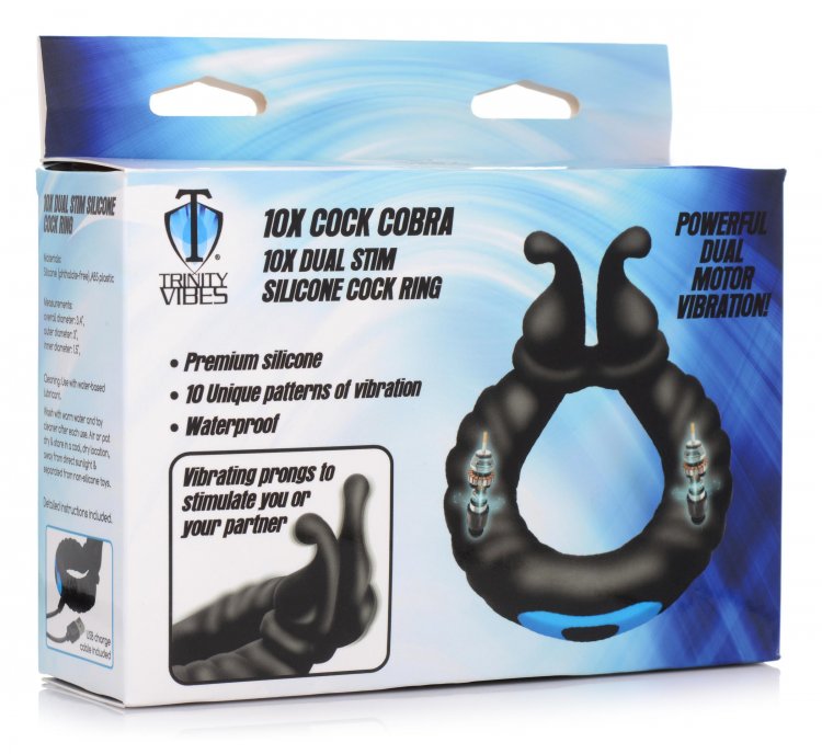 This ribby cock and ball ring is built for versatile vibes! ... Trinity Vibes - 10X Cobra Dual Cock Ring - Black photo-7