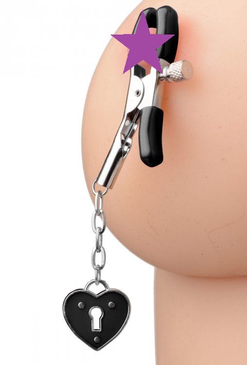 These easy to use clamps have a simple screw-down design, ac... Master Series - Charmed Heart Padlock Nipple Clamps - Black photo-2