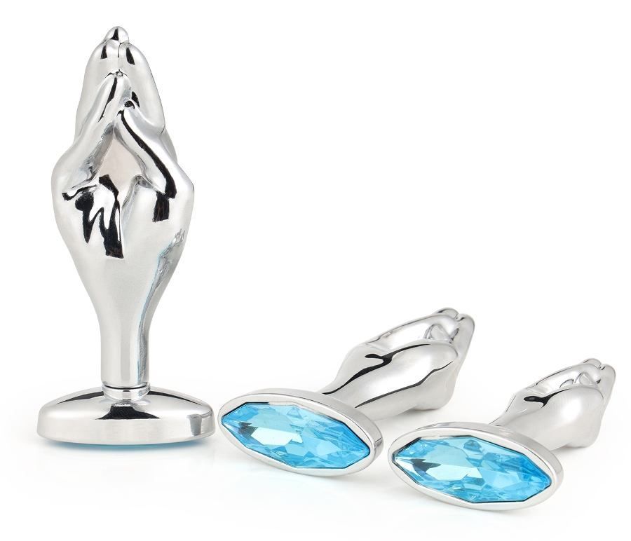Silver palm anal plug with diamond oval bottom finished MT - Gem Anal Hand Plug M-size - Blue photo-6
