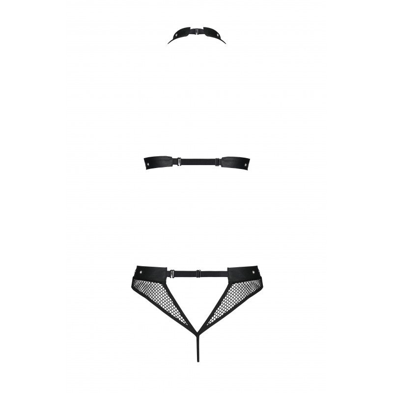 Sensual mesh covering feminine assets, leather inserts, deco... Passion - Moonlight Crotchless Set - Black - L/XL photo-6